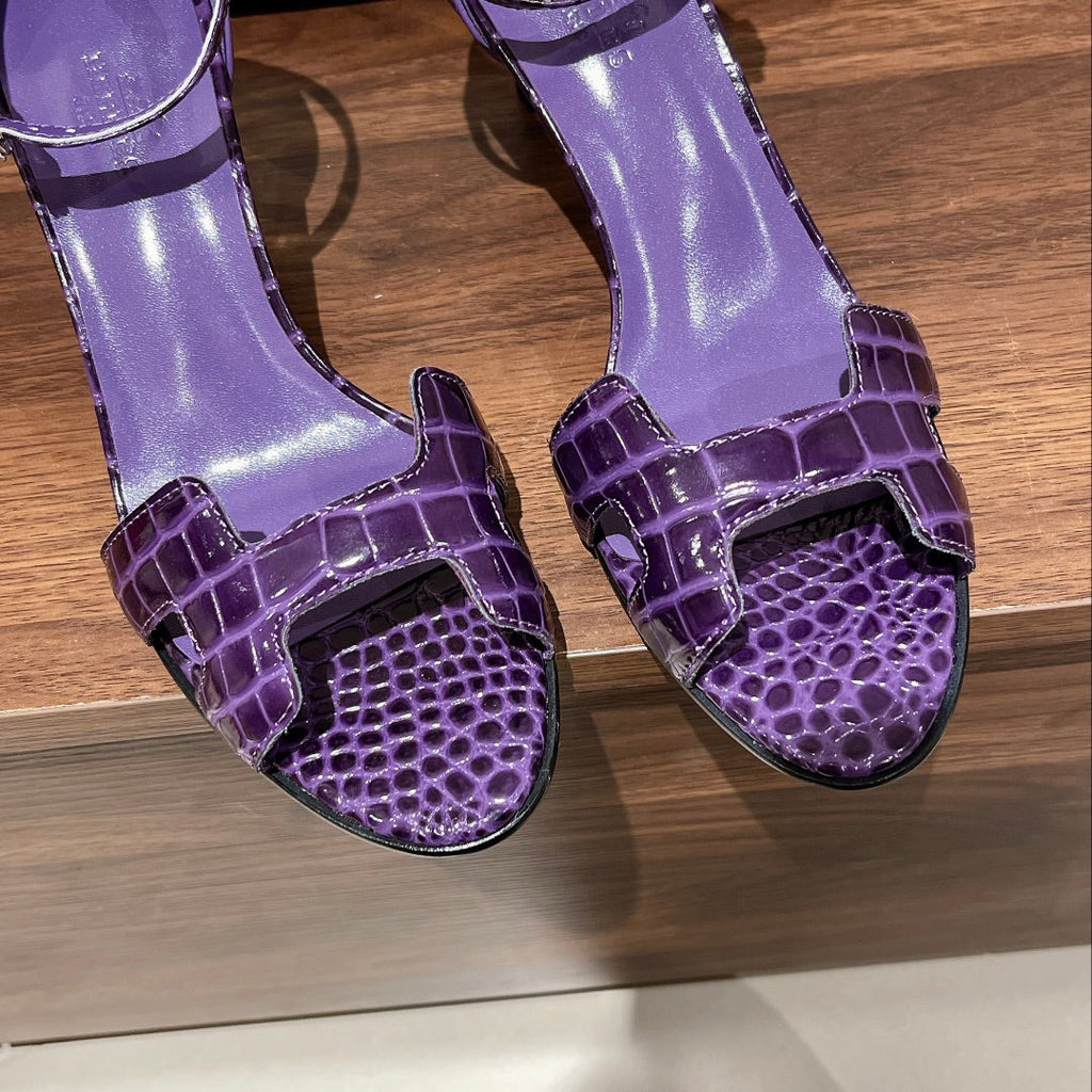 HERMES PREMIERE 70 SANDAL IN VIOLET PURPLE CROCODILE LEATHER
