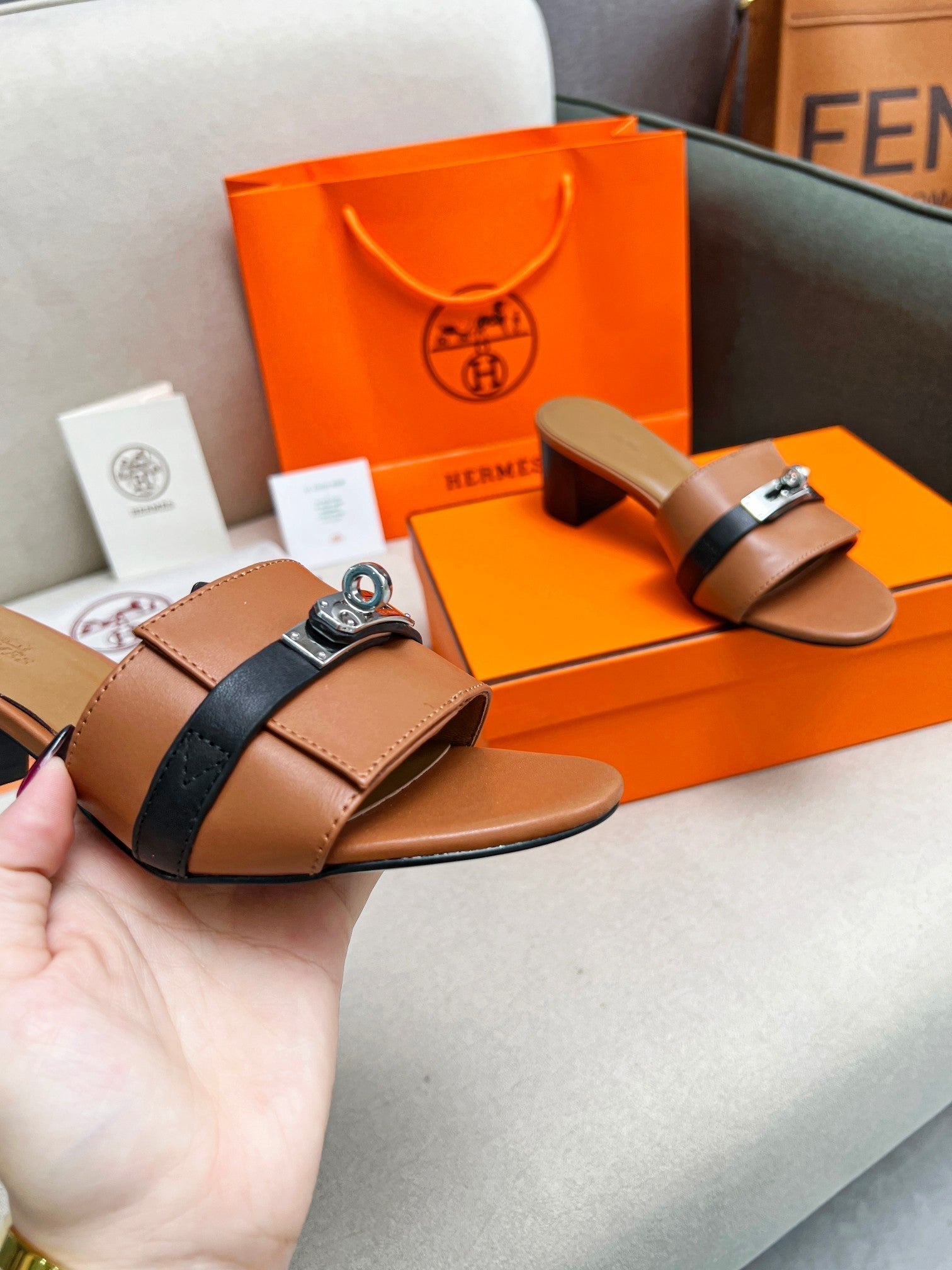 HERMES Gigi 50 Sandal Tan Black Calfskin