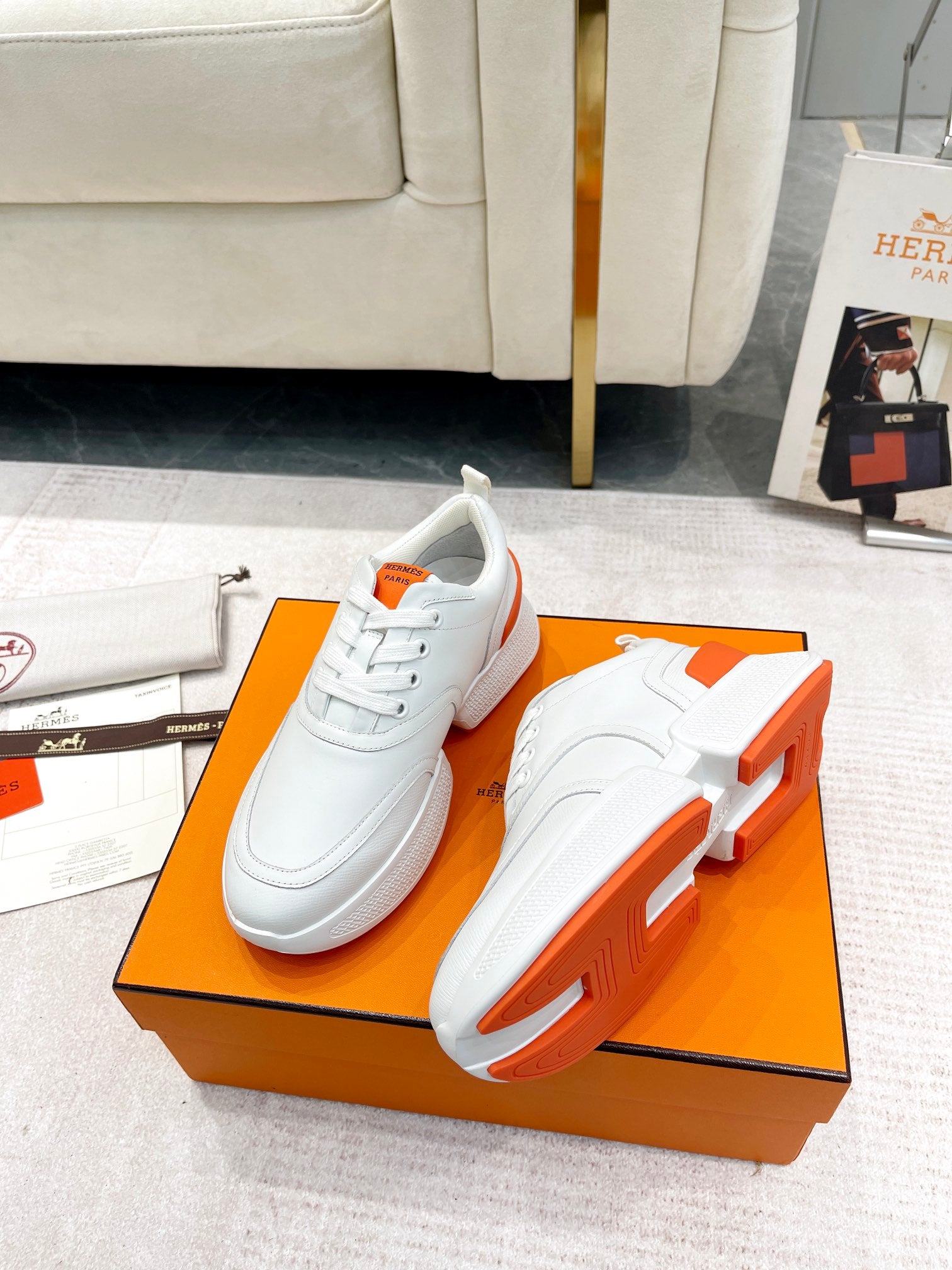 HERMES GIGA SNEAKER IN WHITE STITCHED MESH AND CALFSKIN