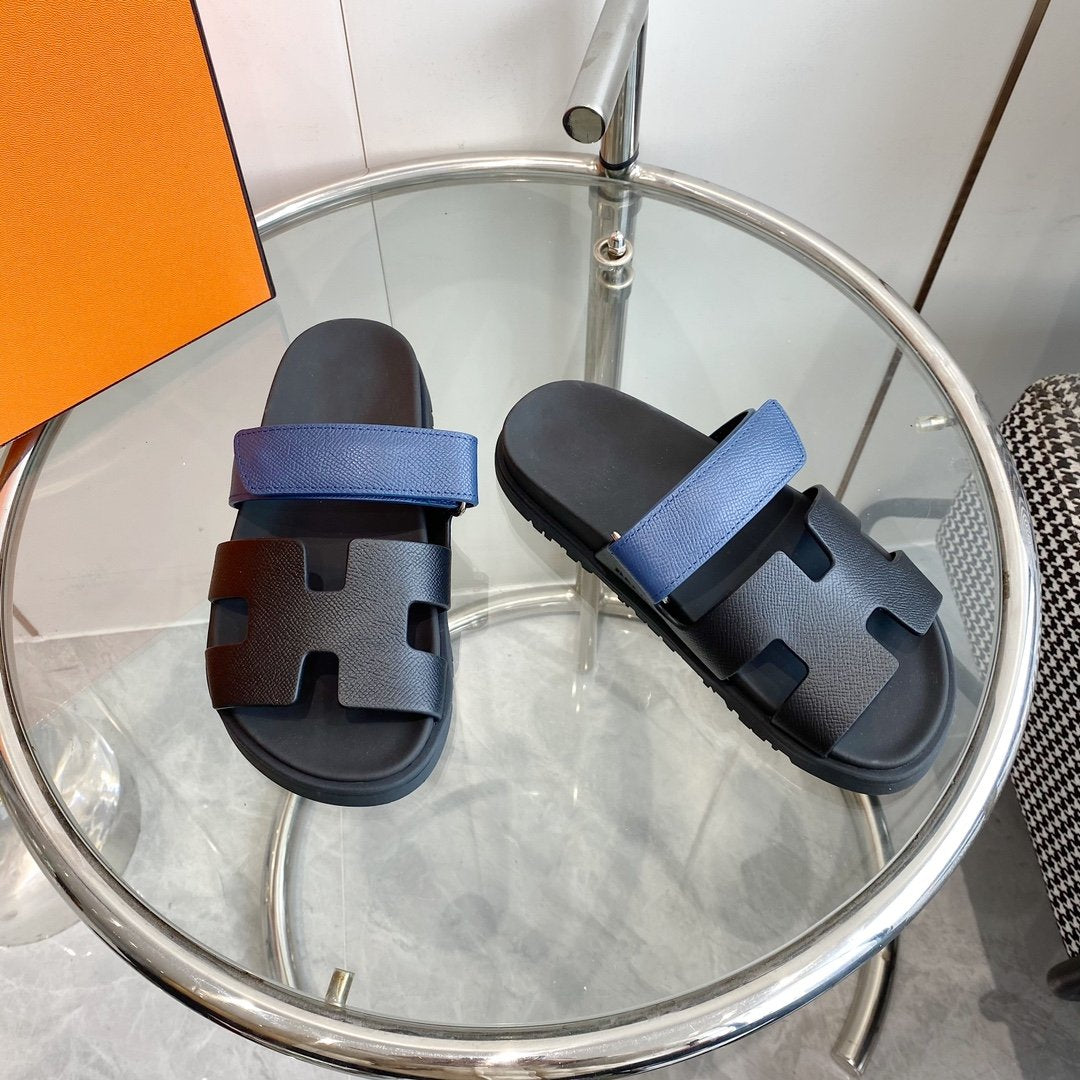 HERMES Chypre Sandal Black with blue straps Leather