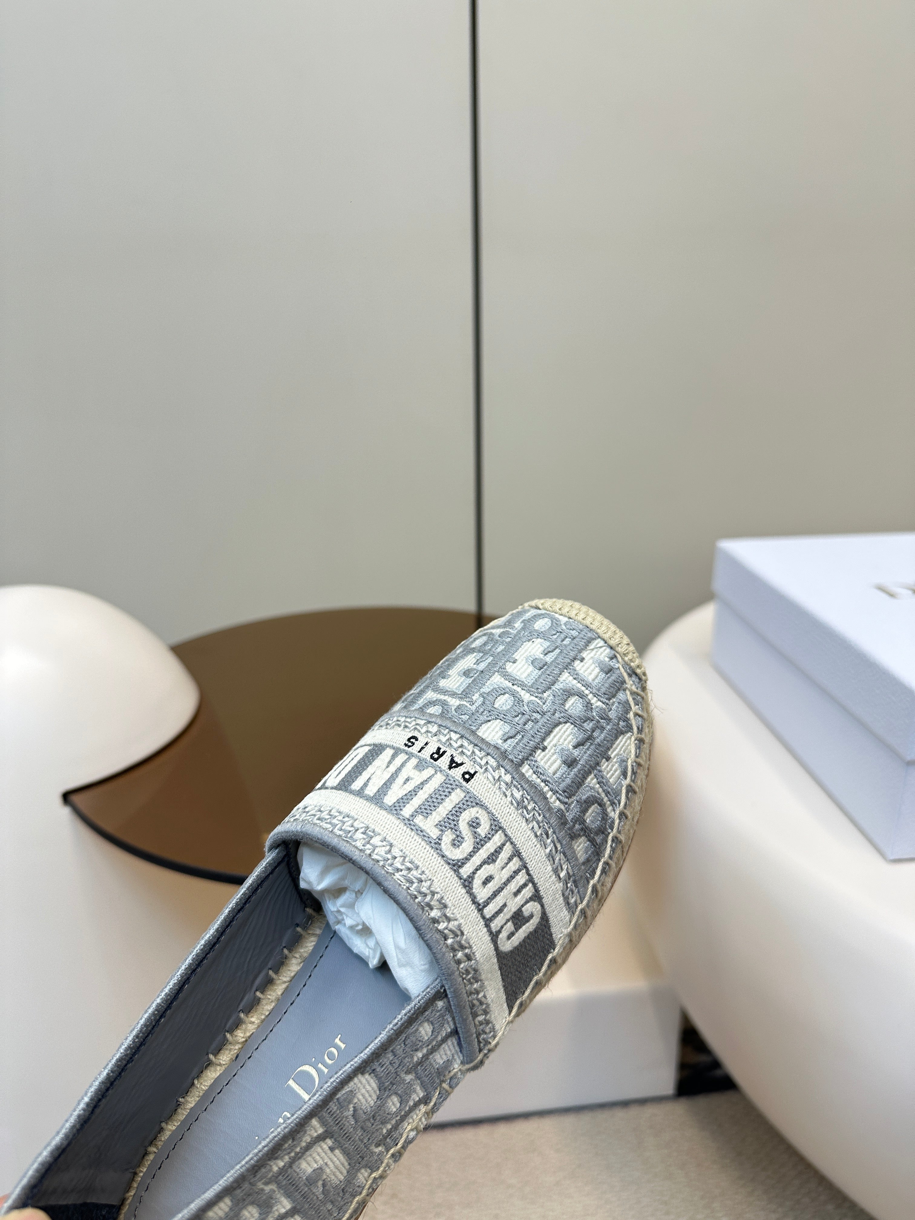 DIOR GRANVILLE ESPADRILLES FLAT 25S IN GRAY OBLIQUE EMBROIDERED COTTON