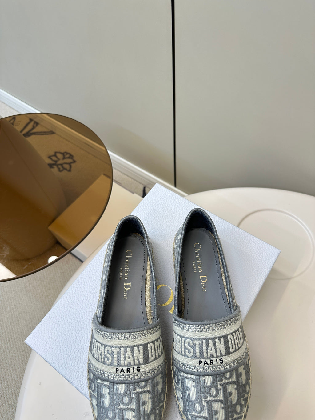 DIOR GRANVILLE ESPADRILLES FLAT 25S IN GRAY OBLIQUE EMBROIDERED COTTON