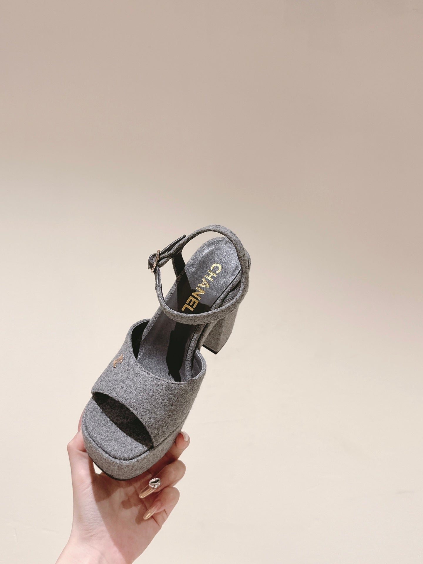 CHANEL HIGH SANDAL GREY SUEDE CALFSKIN