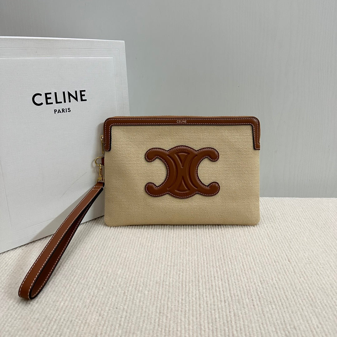 CELINE SMALL POUCH 25 IN BEIGE CANVAS AND BROWN CALFSKIN