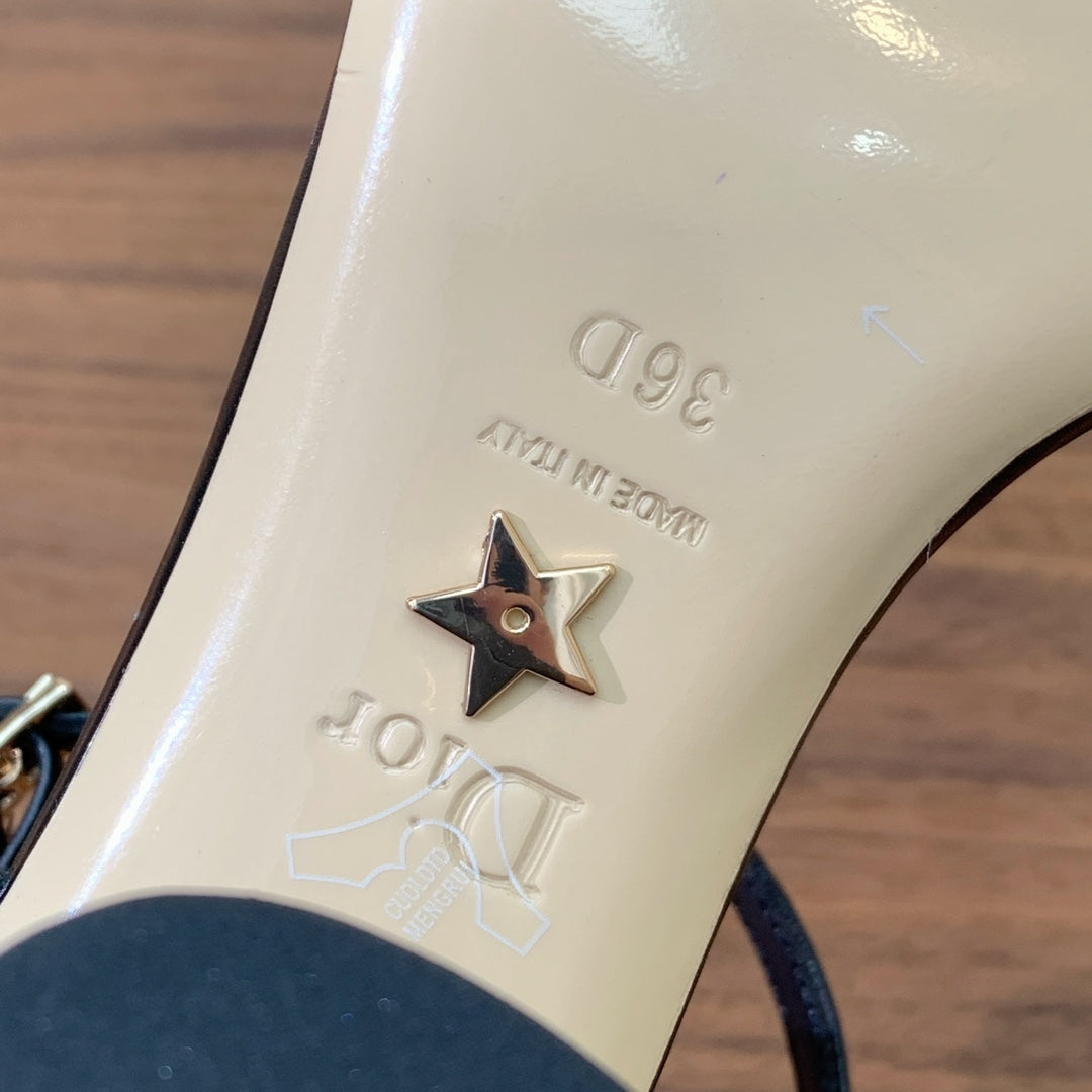 DIOR HIGH HEEL EMBROIDERED SANDAL IN BLACK CALFSKIN AND WOVEN STRAPS