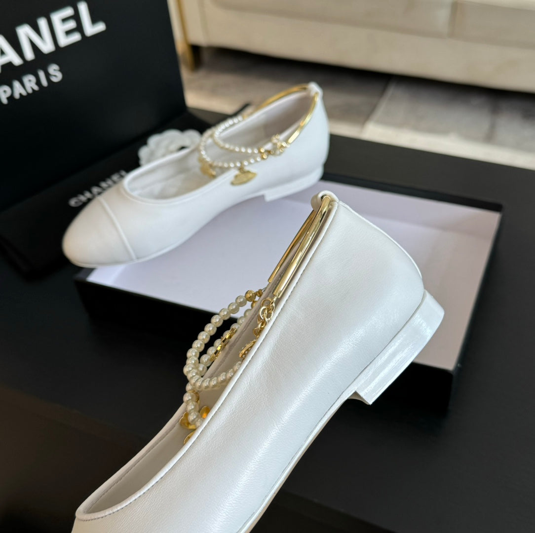 CHANEL Double Strap Chunky Heel Mary Jane Shoes White
