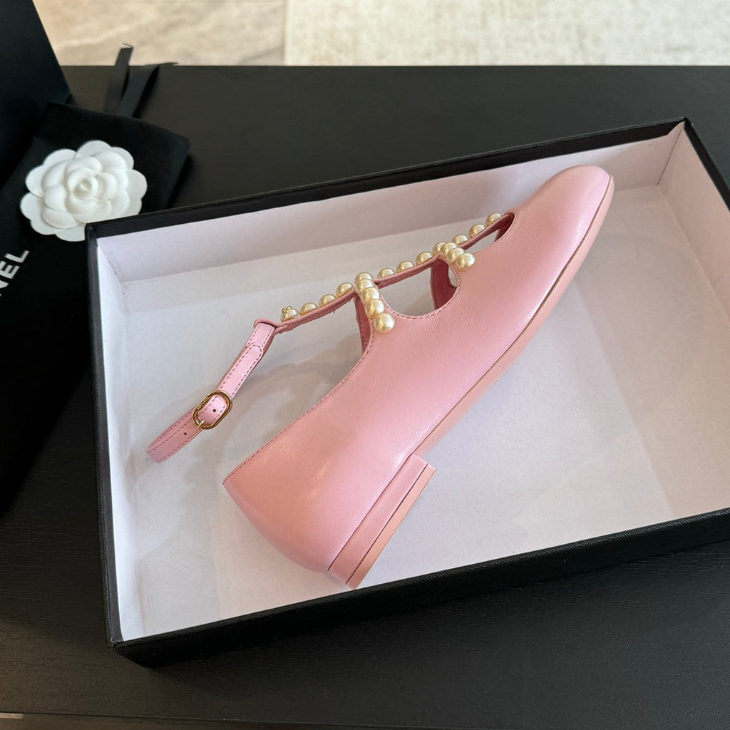 CHANEL MARY JANES SHOES LIGHT PINK GOATSKIN WITH FAUX PEARL