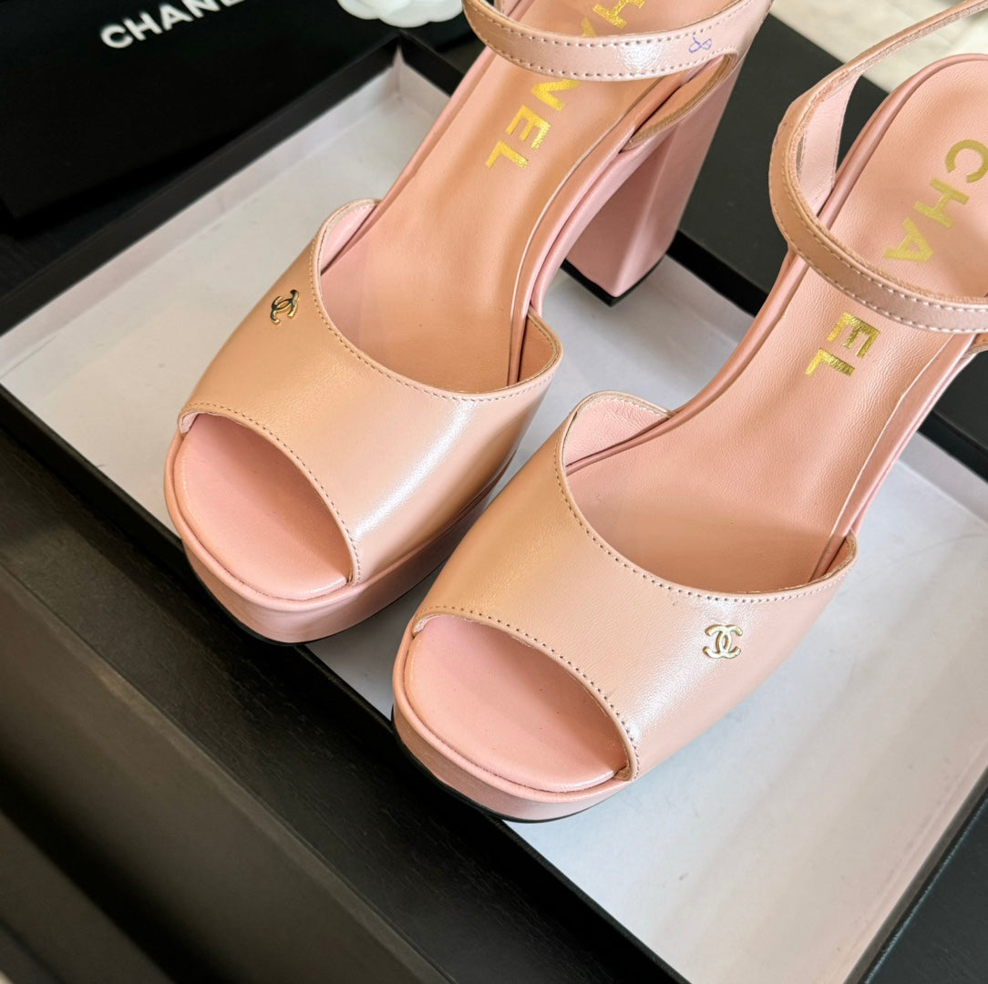 CHANEL HIGH HEEL PLATFORM SANDALS IN PEACH PINK CALFSKIN
