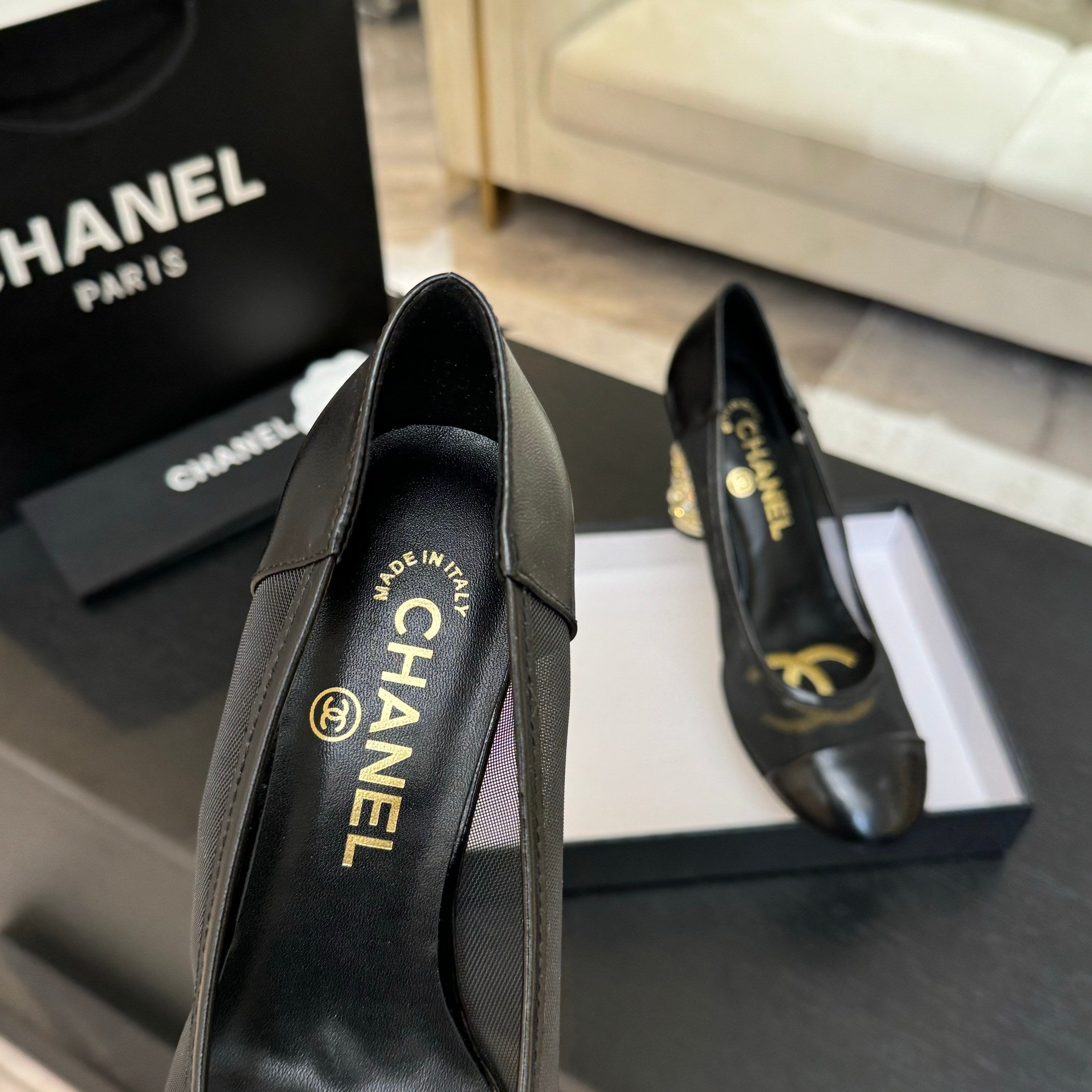 CHANEL HIGH HEEL 85 MM SANDALS IN BLACK CALFSKIN AND MESH