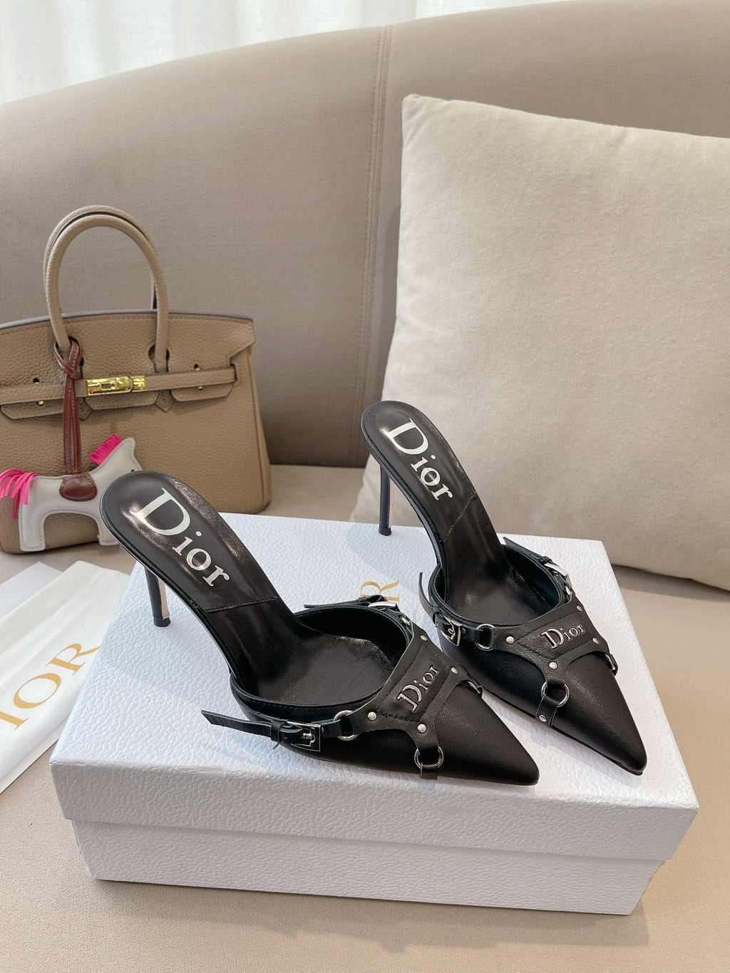 DIOR HEELED MULES 85MM IN BLACK LAMBSKIN