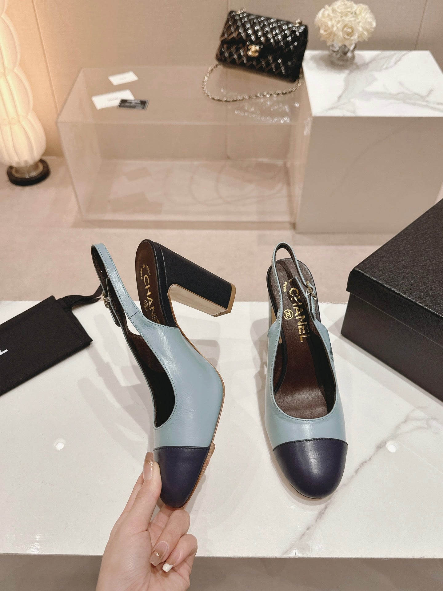 CHANEL HIGH SLINGBACKS LIGHT BLUE MIX BLACK SHEEPSKIN