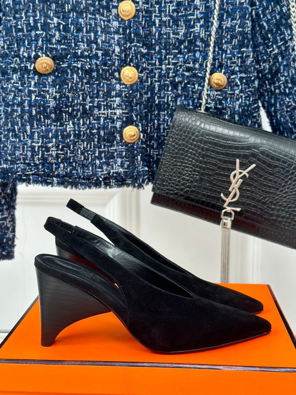 HERMES HIGH HEEL 75 MM POINTED- TOE SANDAL IN BLACK SUEDE