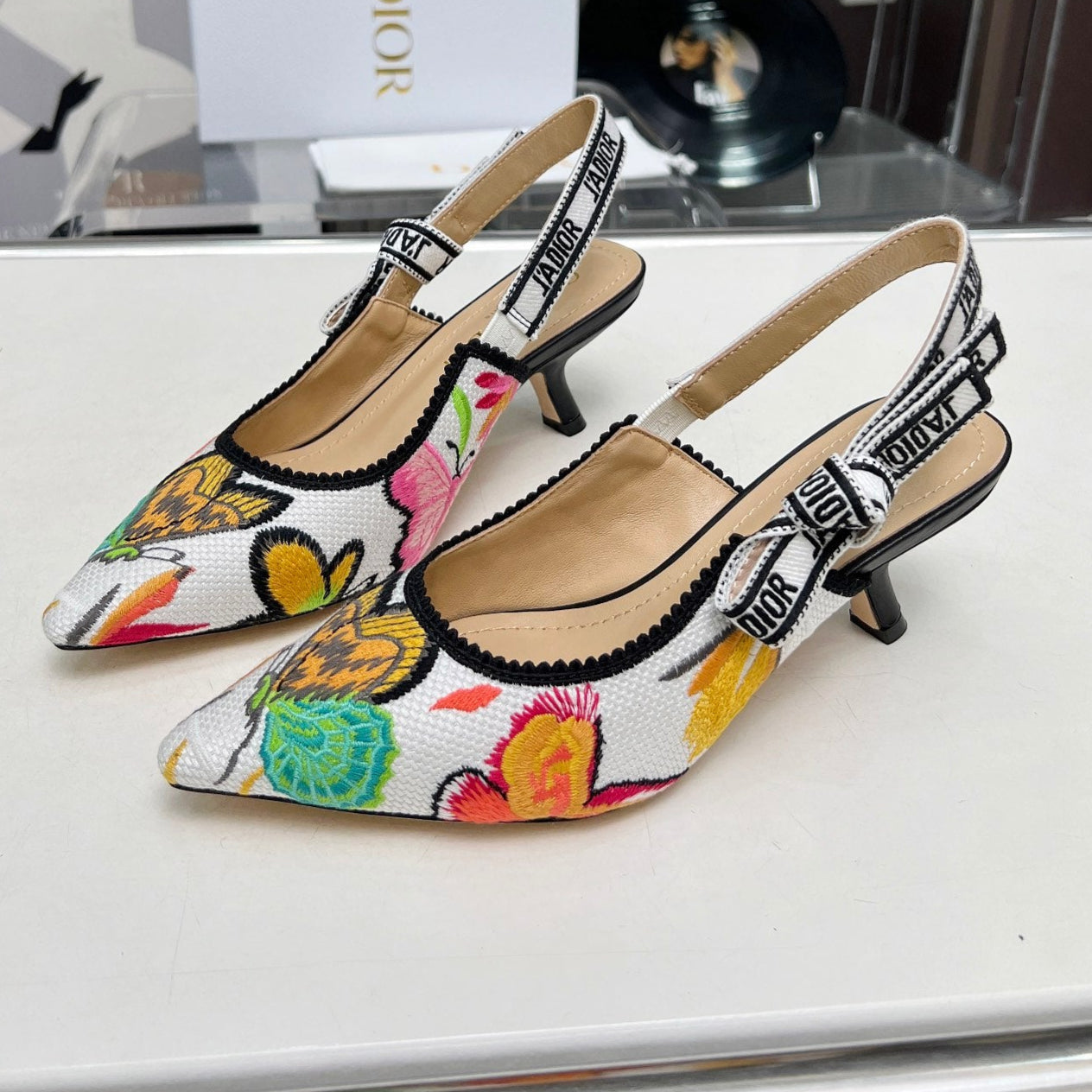 DIOR J'A SLINGBACK PUMP COLORFUL NATURAL RAFFIA AND EMBROIDERED COTTON 65 MM 130844