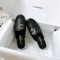 CHANEL FLAT MULE IN BLACK CALFSKIN HARDWARE WITH ROCK MIX CHAIN