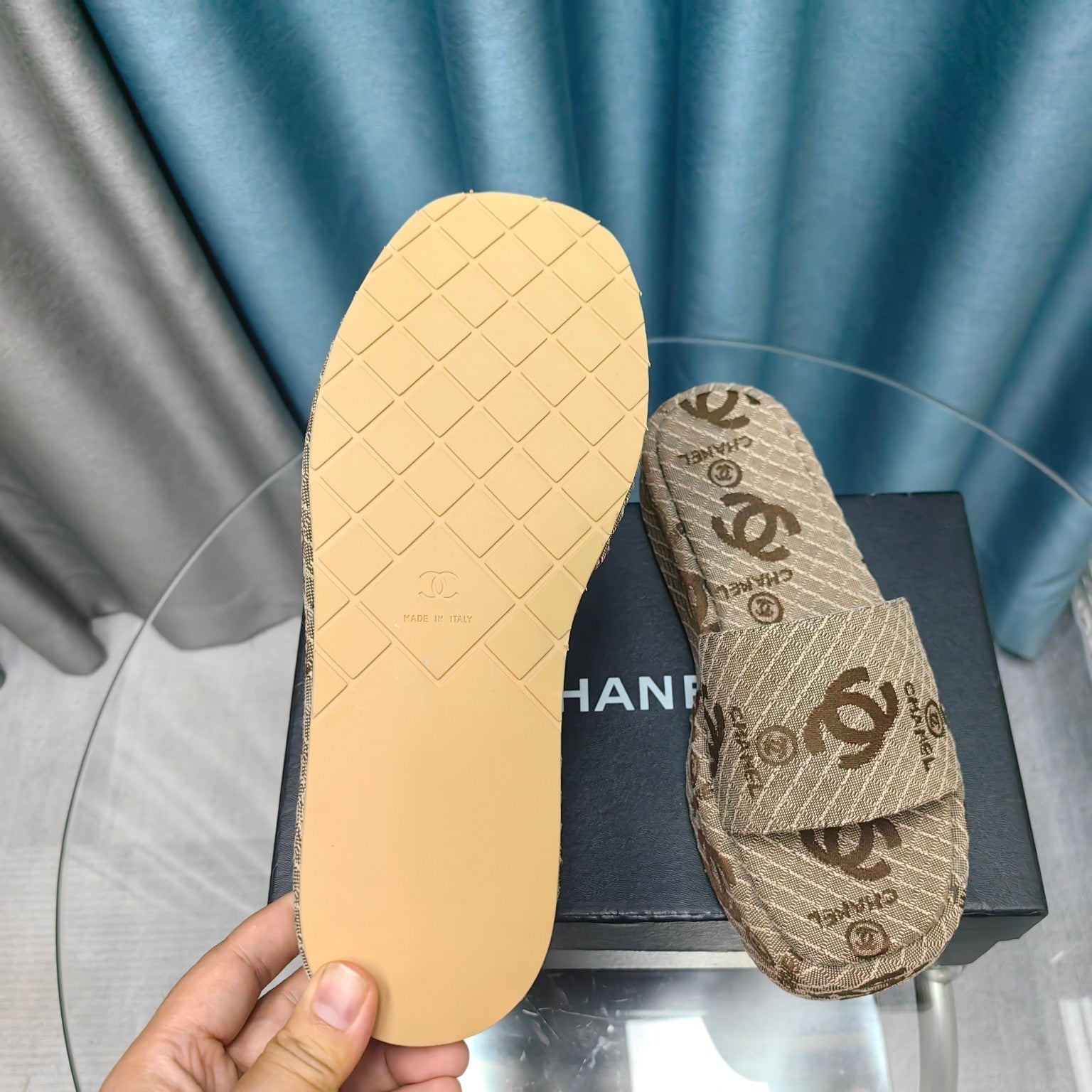 CHANEL THICK-SOLE SLIPPERS PEANUT BROWN SATIN