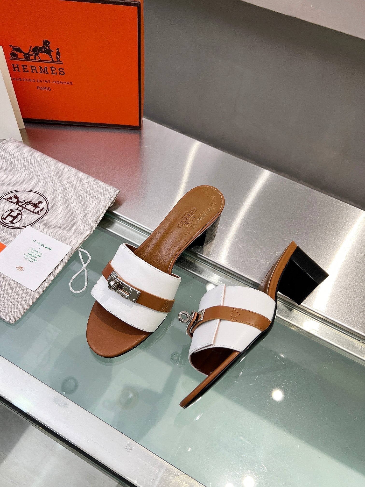 HERMES GIGI 50 SANDAL TAWNY MIX WHITE CALFSKIN