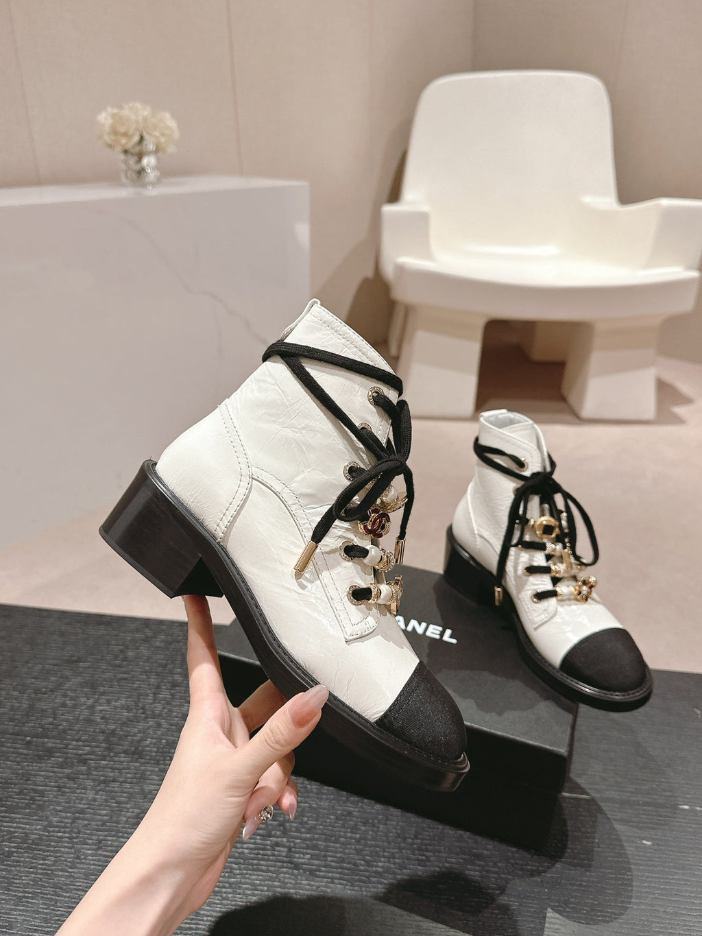 CHANEL OXFORD SHORT BOOTS WHITE MIX BLACK SHEEPSKIN