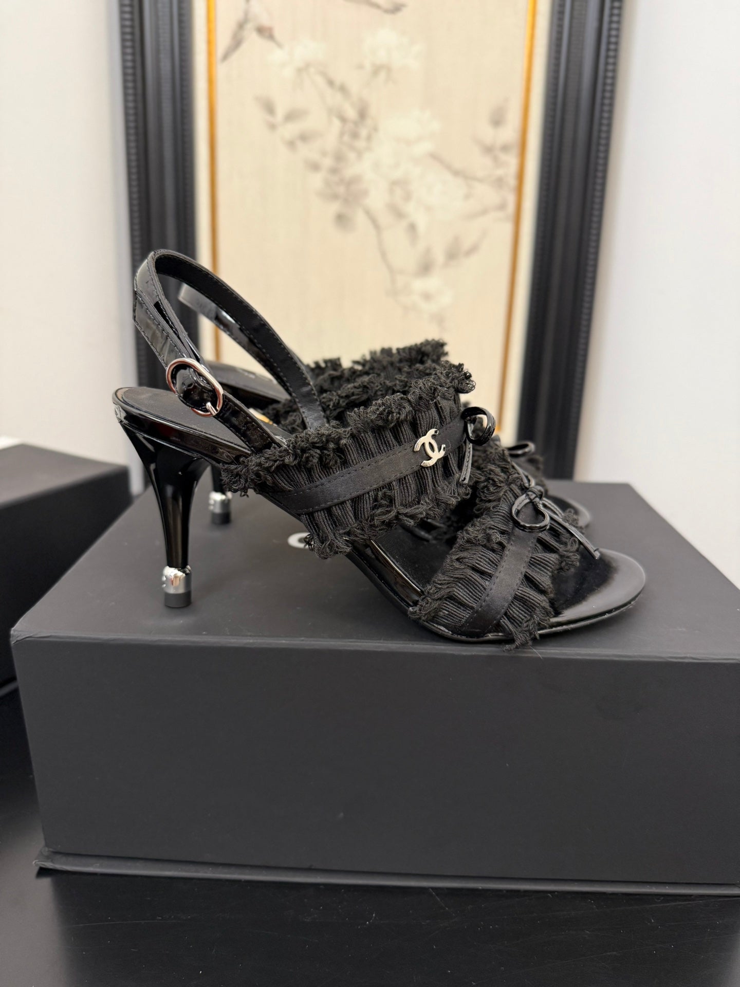CHANEL BLACK GROSGRAIN CANVAS BOW SLINGBACK SANDALS