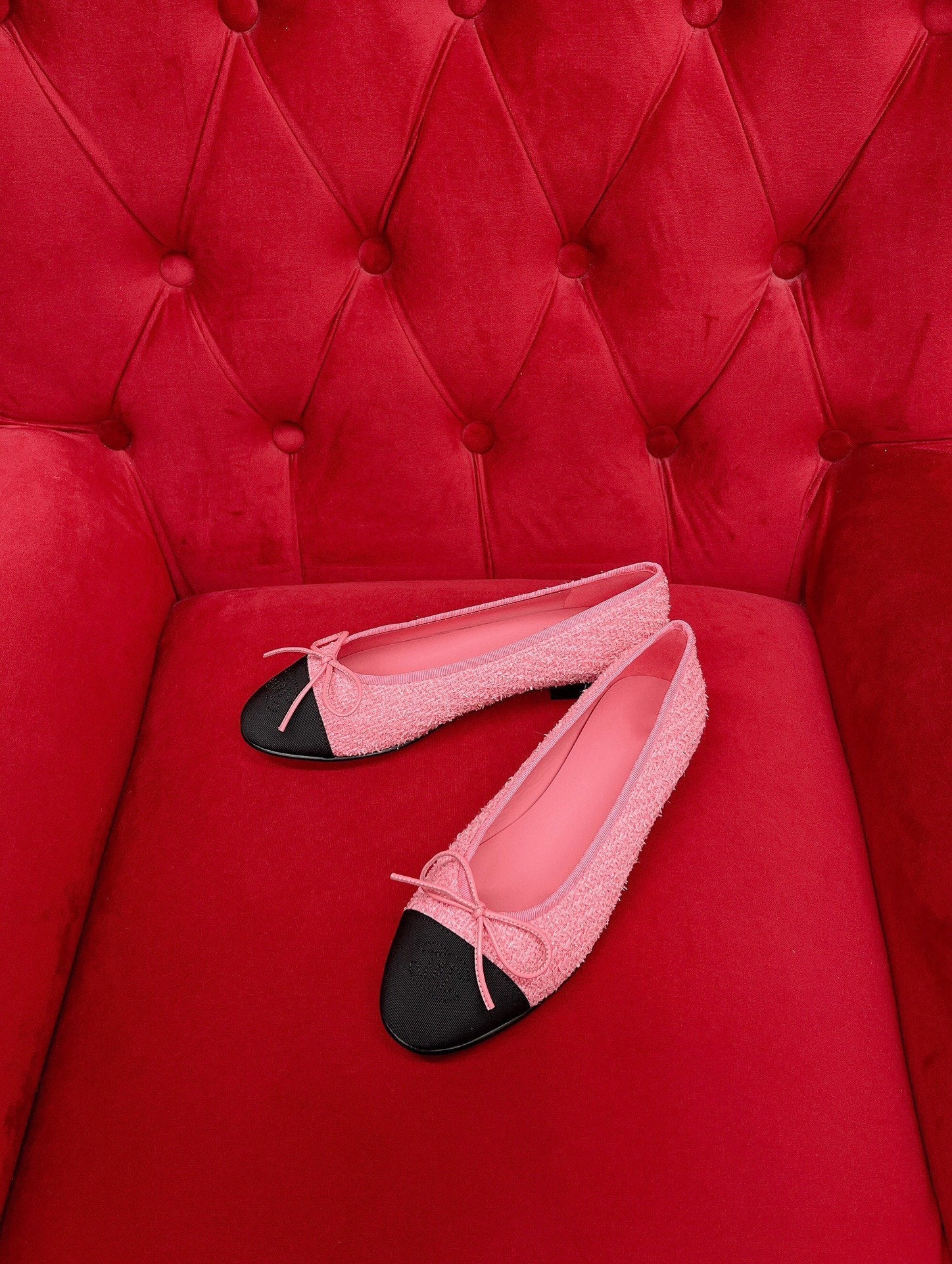 CHANEL ballet flat pink black tweed grosgrain
