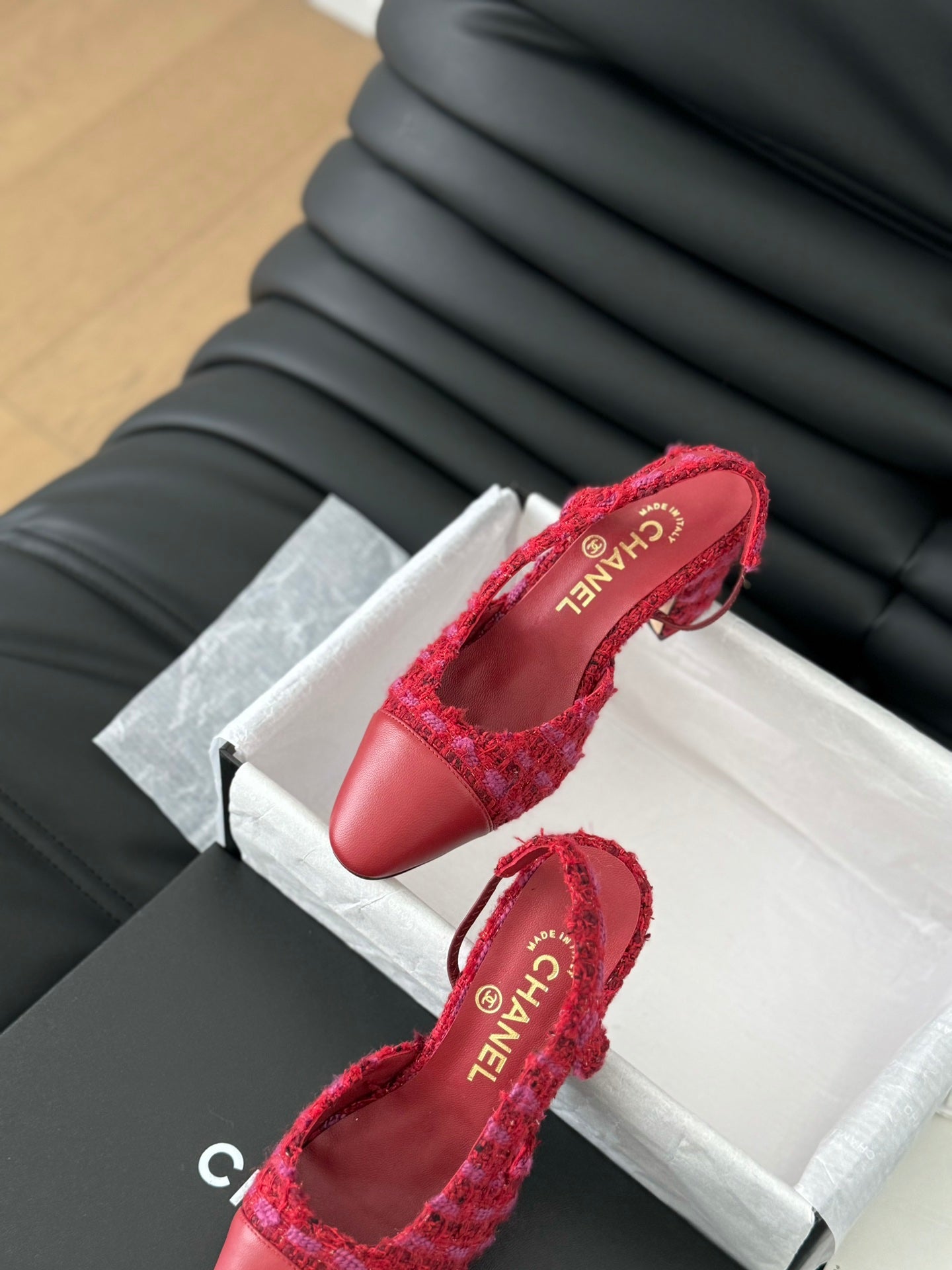 CHANEL HIGH SLINGBACK IN RUBY RED TWEED AND LAMBSKIN