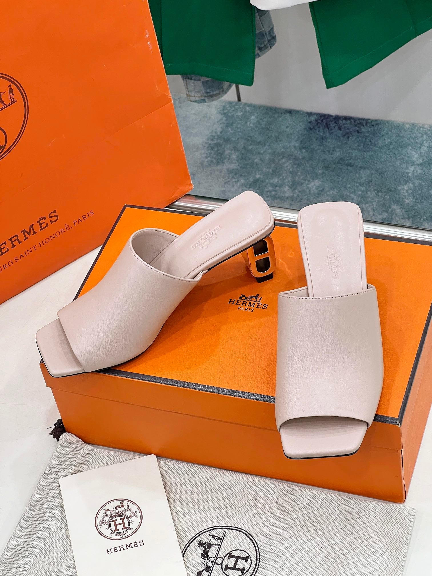 HERMES ICONIQUE 60 SANDAL IN BABY PINK CALFSKIN