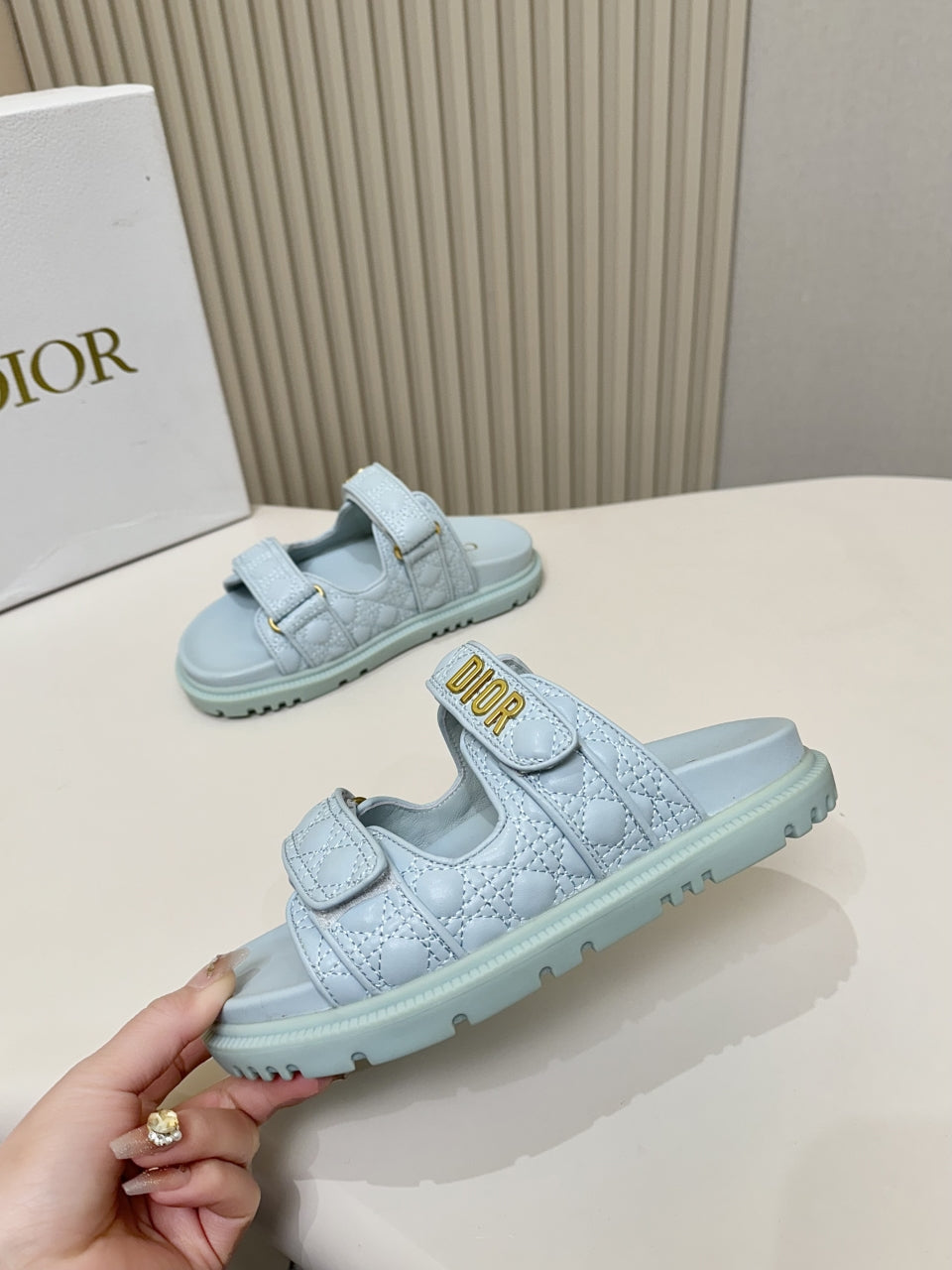 DIOR CLASSIC DOUBLE-STRAP SLIDES 25S IN PASTEL BLUE CALFSKIN