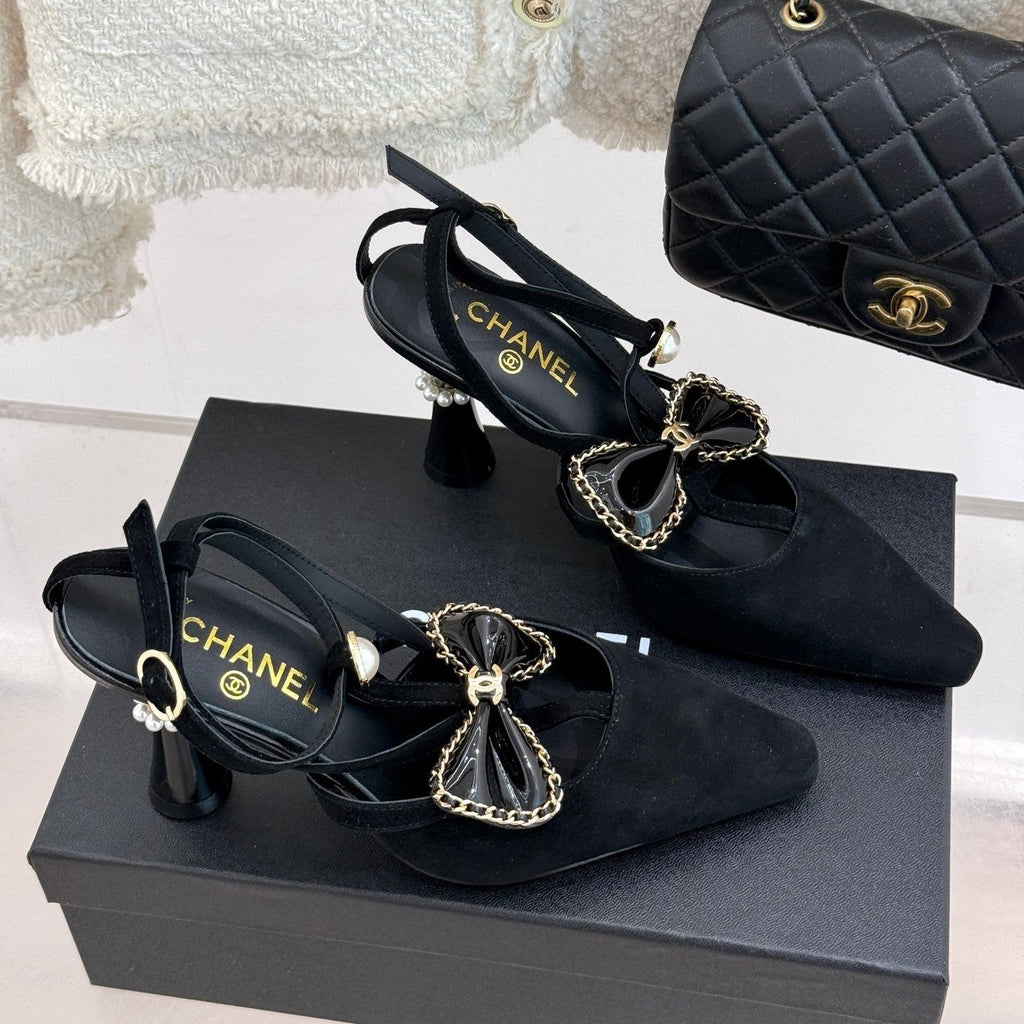 CHANEL CHAIN BOW HIGH HEEL 8 CM SLINGBACKS IN BLACK SUEDE