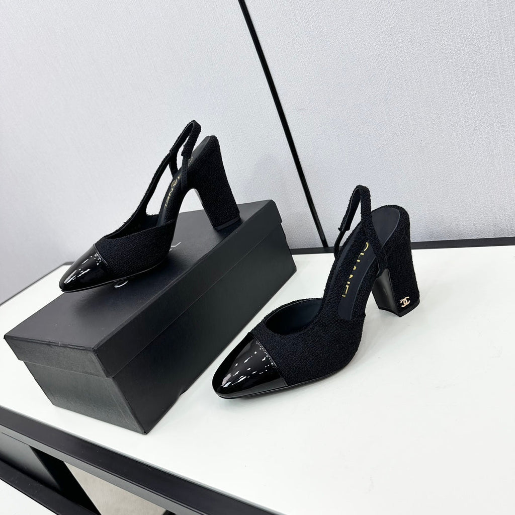 CHANEL HIGH SLINGBACK BLACK TWEED AND CALFSKIN