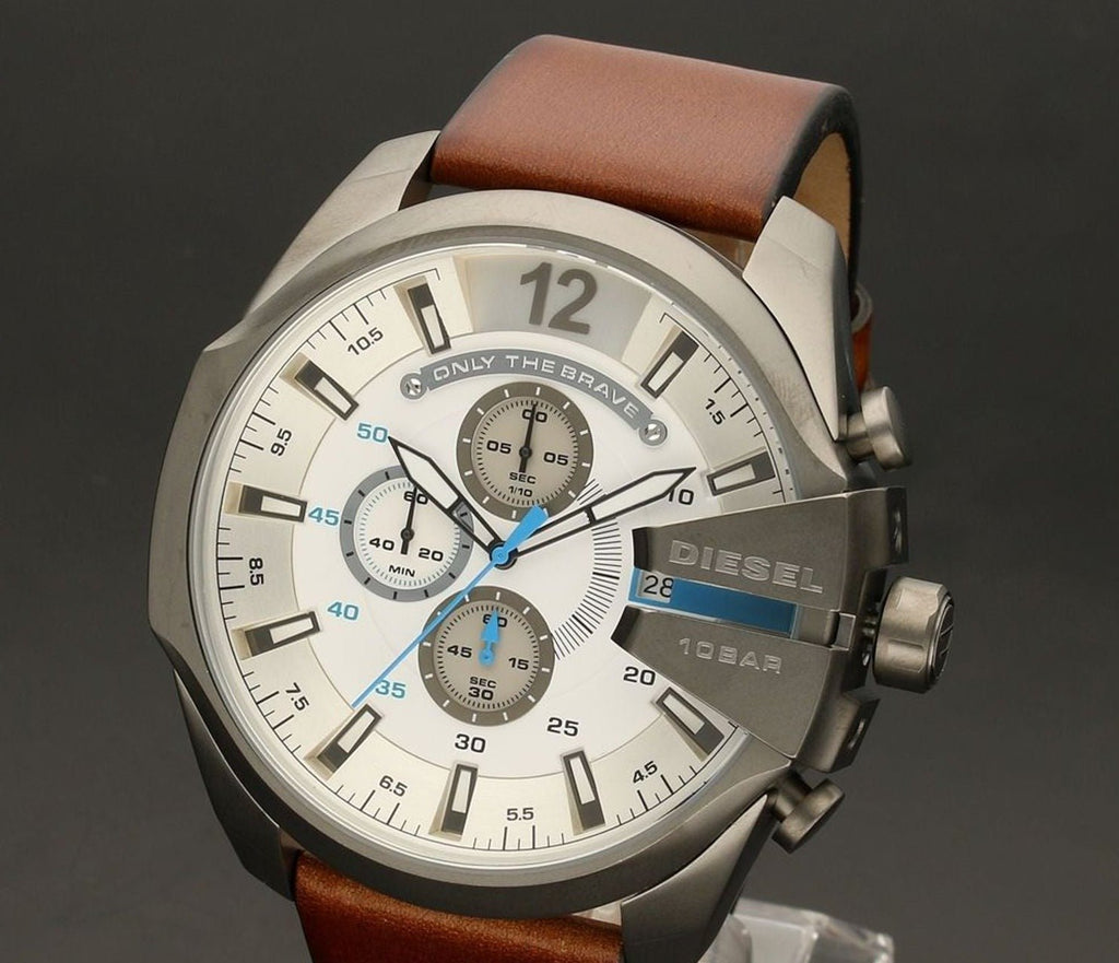 Diesel DZ4280 Mega Chief Chronograph Men's Watch – White Dial & Brown Leather Strap