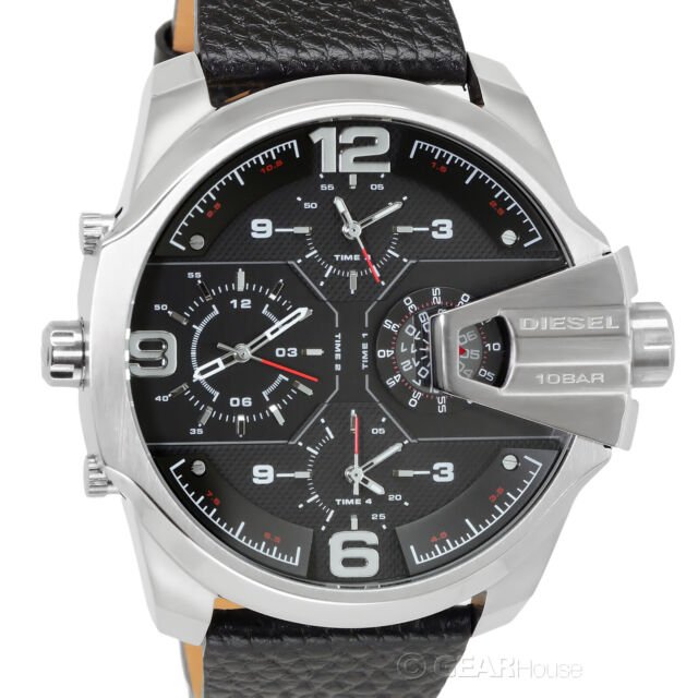 Diesel DZ7376 Uber Chief Oversized 4-Time Men's Watch – Black Dial & Black Leather Strap