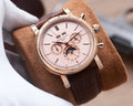 Patek Philippe Rose Gold Brown Pink Dial Strap Watch